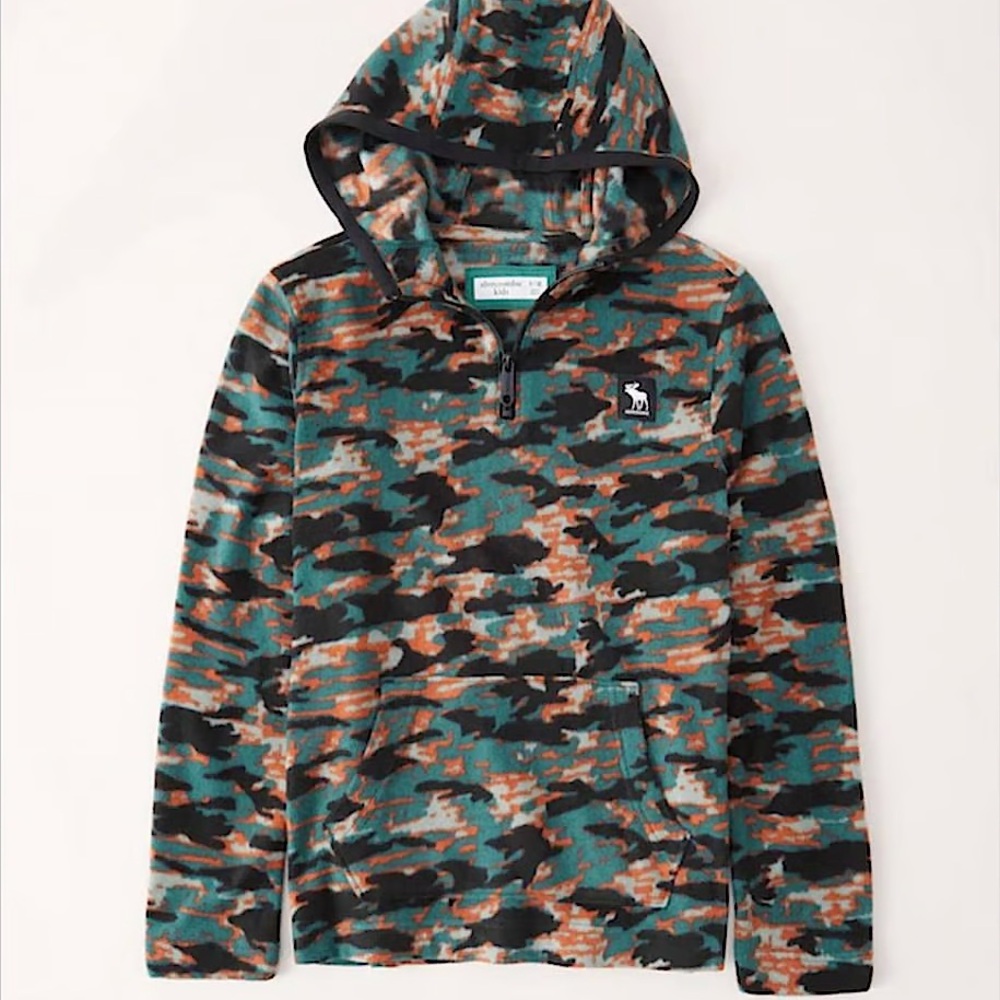 ABERCROMBIE KIDS boys green camo print fleece half-zip hoodie sz 13/14 like new